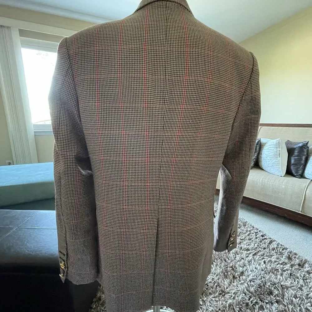 Men's Houndstooth Wool Blend Blazer Gold Buttons Jacket Size Large Preppy Career